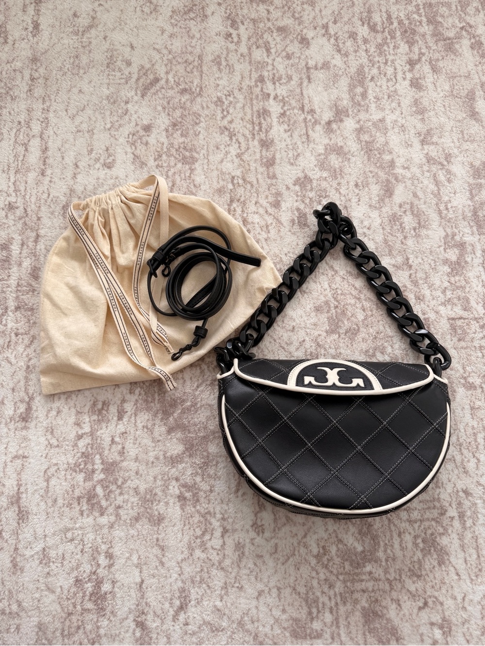 Tory Burch Black Quilted Shoulder Bag with Cream Trim